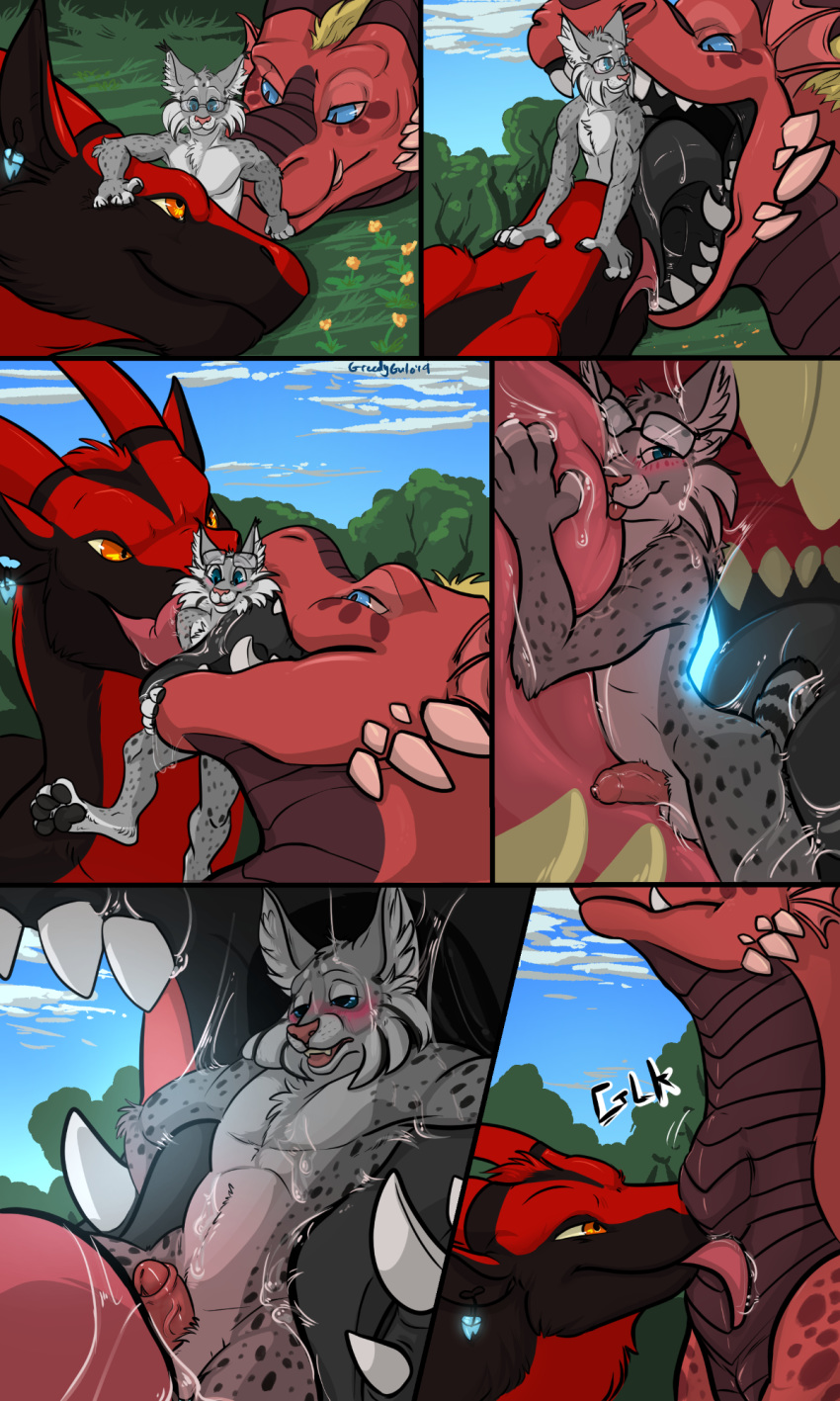 2019 4_toes 5_fingers anthro ashkor balls biped black_body black_fur black_tongue blep blue_eyes blush bodily_fluids body_lick cheek_tuft chest_tuft cloud comic day detailed_background digital_drawing_(artwork) digital_media_(artwork) dragon drooling ear_piercing erection eye_contact eyebrows eyewear facial_tuft fangs felid feline feral fingers flower forest fur glasses grass greedygulo grey_body grey_fur group half-closed_eyes hi_res horn humanoid_penis in_mouth inner_ear_fluff kissing larger_male licking licking_lips licking_own_lips looking_at_another looking_back lynx male male_pred male_prey mammal morca_(character) mostly_nude mouth_shot multiple_scenes narrowed_eyes neck_bulge nude on_tongue one_eye_closed open_mouth oral oral_vore orange_eyes pawpads paws penile penis penis_lick piercing pink_nose pink_penis pink_tongue plant red_body red_fur red_horn red_skin ringtail saliva scales scalie self_lick sex side_view signature size_difference sky smaller_male soft_vore spots spotted_body spotted_fur standing swallowing synx_the_lynx teeth text three-quarter_view toes tongue tongue_out tree tuft vein veiny_penis vore wet white_body white_fur