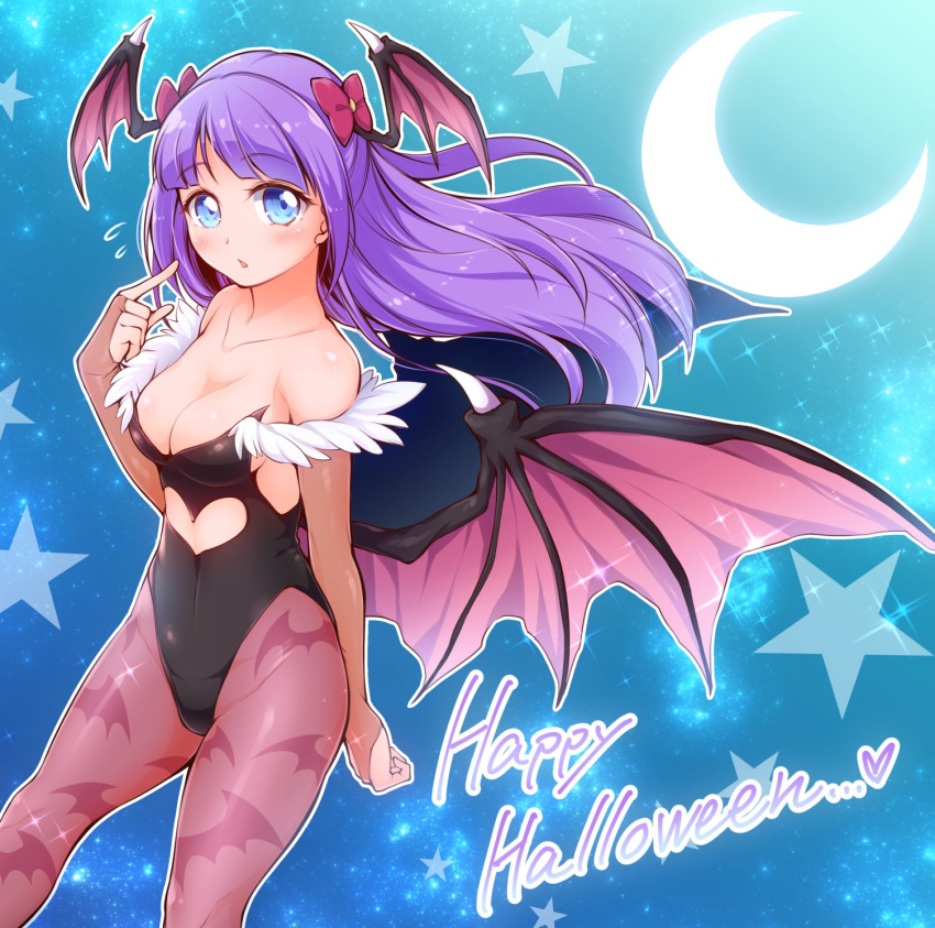 1girl animal_print arakawa_tarou bangs bare_shoulders bat_print bat_wings black_leotard blue_eyes blush bow breasts bridal_gauntlets cleavage cosplay crescent_moon elbow_gloves english_text eyebrows_visible_through_hair flying_sweatdrops gloves hair_bow halloween halloween_costume happy_halloween head_wings heart_cutout highres kaguya_madoka leotard long_hair looking_at_viewer medium_breasts moon morrigan_aensland morrigan_aensland_(cosplay) night night_sky open_mouth pantyhose pointing pointing_at_self precure print_legwear purple_bow purple_hair purple_legwear sky solo sparkle standing star_(sky) star_twinkle_precure starry_sky thighs vampire_(game) wind wings