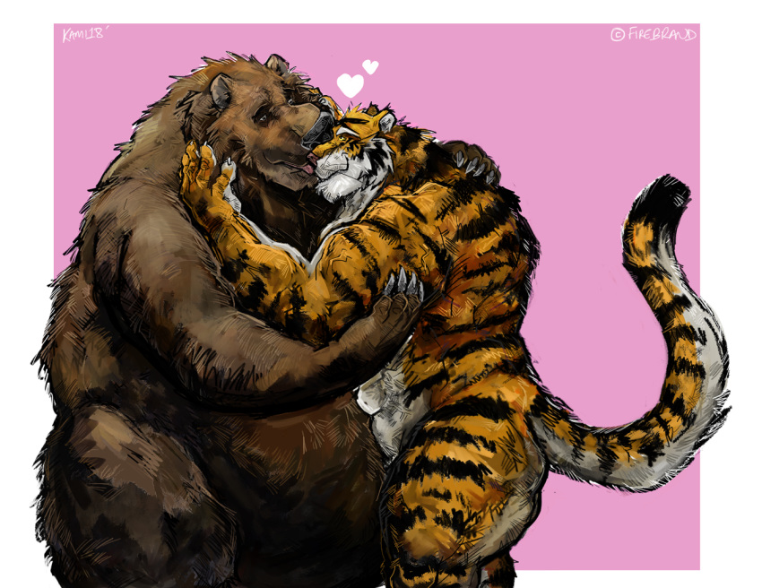 &lt;3 2018 5_fingers anthro aokmaidu belly big_belly border brown_body brown_fur claws digital_drawing_(artwork) digital_media_(artwork) duo felid feline fingers fur half-closed_eyes hug hyper hyper_belly kissing male male/male mammal muscular muscular_arms muscular_male narrowed_eyes nude obese obese_male orange_body orange_fur overweight overweight_male pantherine pink_background raised_tail relationship signature simple_background size_difference smile standing striped_body striped_fur stripes tiger tongue ursid white_border yellow_eyes