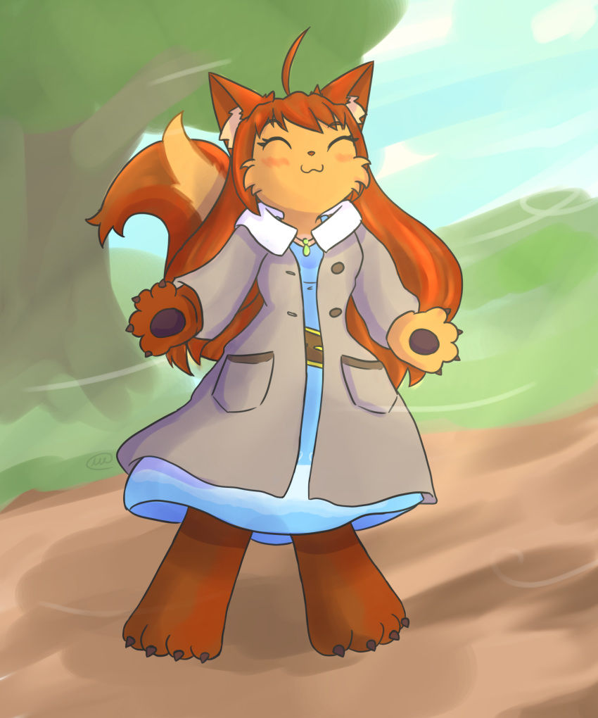 2019 5:6 :3 ahoge anthro black_pawpads blue_clothing blue_dress blush breasts brown_body brown_fur brown_hair button_(fastener) cinny_a_la_carte clothed clothing coat digital_media_(artwork) dress eyebrow_through_hair eyebrows eyelashes eyes_closed felid feline female full-length_portrait fur hair hi_res jewelry mammal multicolored_body multicolored_fur necklace pawpads portrait signature solo standing topwear translucent translucent_hair tree two_tone_body two_tone_fur unknownlifeform wind