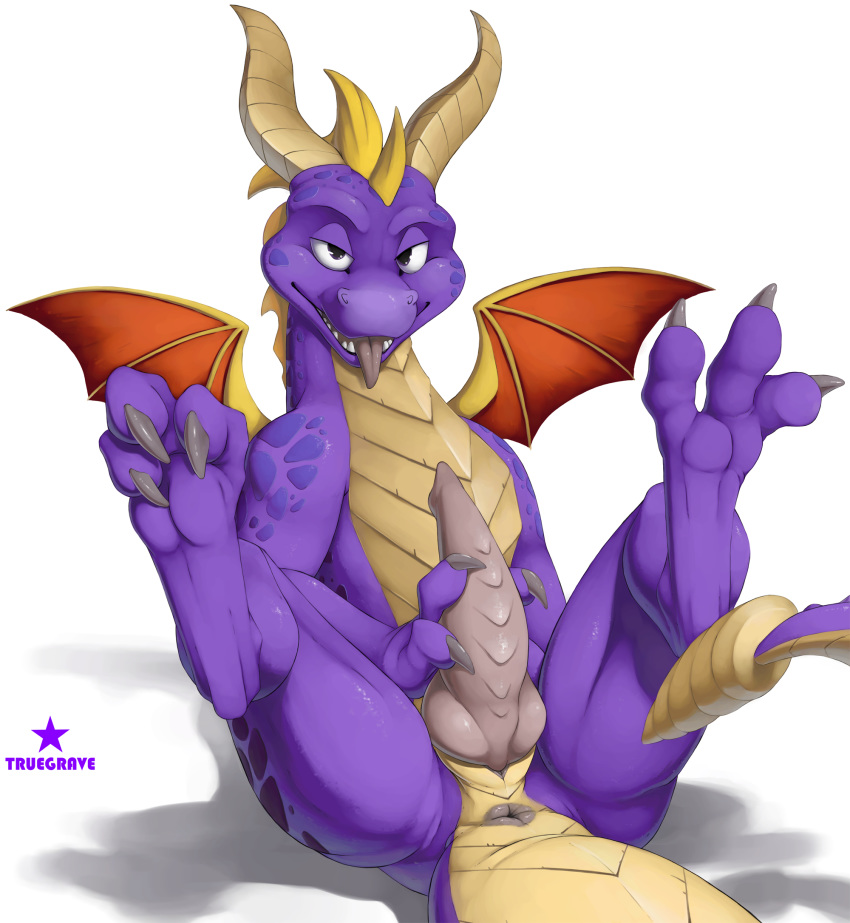 2019 activision animal_genitalia animal_penis anus claws dragon feral genital_slit hand_on_penis hi_res horn knot legs_raised looking_at_viewer male penis presenting purple_body purple_eyes purple_scales purple_skin scales scalie simple_background slit solo spyro spyro_the_dragon teeth tongue tongue_out truegrave9 video_games western_dragon wings