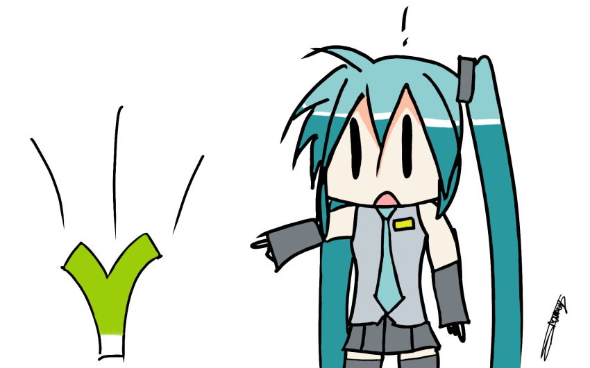 1girl arm_up black_legwear blue_eyes blue_hair chibi chibi_miku dress grey_dress gt_39 hatsune_miku highres necktie open_mouth skirt solo spring_onion surprised thighhighs twintails vocaloid