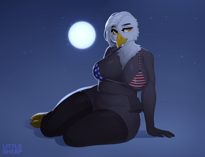 2019 absurd_res accipitrid accipitriform anthro avian bald_eagle barely_visible_genitalia barely_visible_pussy big_breasts bikini bird blush bottomless breasts clothed clothing curvy_figure eagle feathers female hi_res legwear littlesheep moon night non-mammal_breasts pussy sea_eagle sitting slightly_chubby solo stars_and_stripes swimwear thick_thighs thigh_highs united_states_of_america voluptuous white_body white_feathers yellow_eyes