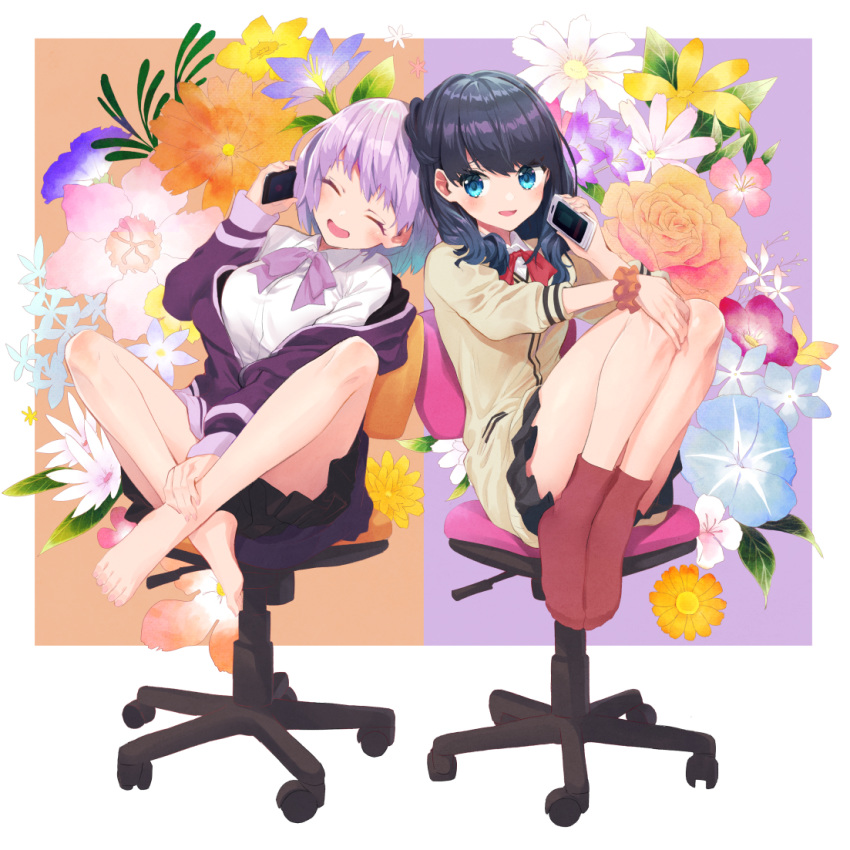 2girls :d ^_^ bangs bare_legs barefoot black_hair black_skirt blue_eyes blue_flower blush bow bowtie breasts brown_cardigan cellphone chair closed_eyes commentary_request floral_background flower flower_request full_body hand_on_own_knee holding holding_cellphone holding_phone jacket kimitoshiin knees_up leaf long_hair long_sleeves medium_breasts miniskirt multicolored multicolored_background multiple_girls neck_ribbon off_shoulder on_chair open_mouth orange_flower orange_rose phone pink_flower pleated_skirt purple_bow purple_hair purple_jacket purple_neckwear red_legwear red_neckwear red_ribbon ribbon rose school_uniform scrunchie shinjou_akane shirt short_hair sitting skirt smile smirk socks ssss.gridman takarada_rikka white_flower white_shirt wrist_scrunchie yellow_flower