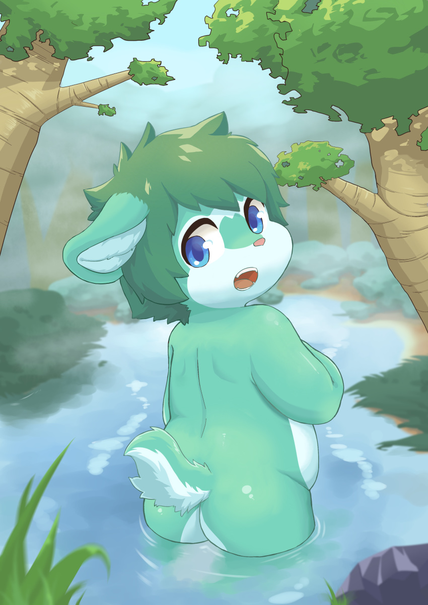 2019 absurd_res ambiguous_gender anthro biped blue_eyes butt cub detailed_background ears_down fur green_body green_fur green_hair hair hi_res inner_ear_fluff kemono looking_back mammal multicolored_body multicolored_fur norphen nude open_mouth outside overweight overweight_ambiguous partially_submerged pink_nose pink_tongue pivoted_ears rear_view short_hair solo species_request standing teeth tongue tree tuft two_tone_body two_tone_fur water white_body white_fur young