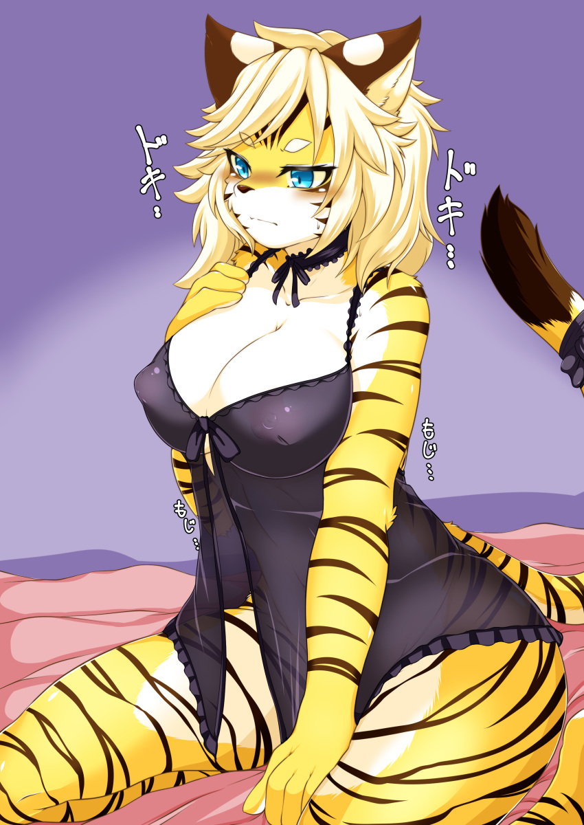 2019 absurd_res anthro babydoll blonde_hair blue_eyes blush breasts brown_body brown_fur brown_stripes cleavage clothed clothing countershading dipstick_tail felid female front_view full_bokko_heroes_x fur hair hi_res japanese_text kemono kneeling lingerie looking_aside mammal megane_inu multicolored_body multicolored_fur multicolored_tail nightgown nipple_outline pantherine solo striped_body striped_fur stripes text tiger translucent yellow_body yellow_fur zhang_fei_(fullbokko_heroes)