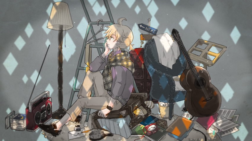 1boy acoustic_guitar ahoge alarm_clock blonde_hair blue_eyes book brush cabinet cable clock clothes_hanger commentary crumpled_paper diamond_(shape) envelope folder from_side guitar hand_on_own_cheek highres ink_bottle ink_pen instrument kagamine_len key knee_up lamp light looking_up male_focus mary_janes music_stand necktie pants parted_lips plaid plaid_scarf purple_shirt radio radio_antenna rug sakanashi scarf sheet_music shirt shoes short_hair short_ponytail signpost sitting suitcase thinking trash_can vocaloid watch wide_shot wristwatch yellow_neckwear