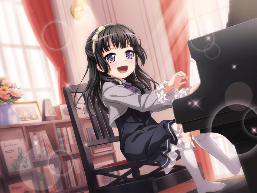 1girl :d artist_request bang_dream! black_hair blush book bow chair curtains day dress dutch_angle english_text flower hairband half_updo indoors instrument kneehighs lens_flare long_hair metronome official_art open_mouth piano purple_eyes shirokane_rinko sitting smile solo sparkle vase white_bow white_legwear window younger