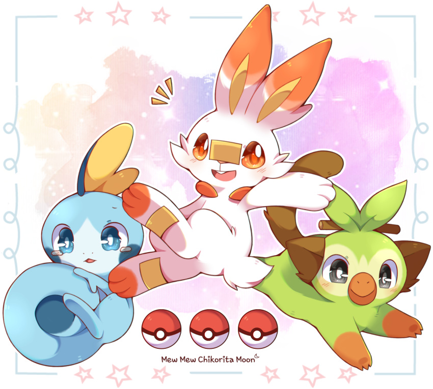 2019 abstract_background ambiguous_gender black_eyes blue_body blue_eyes blue_skin chikorita_moon fur green_body green_fur grookey group hi_res kemono lagomorph mammal nintendo open_mouth pok&eacute;mon pok&eacute;mon_(species) red_eyes scorbunny smile sobble starter_trio video_games white_body white_fur