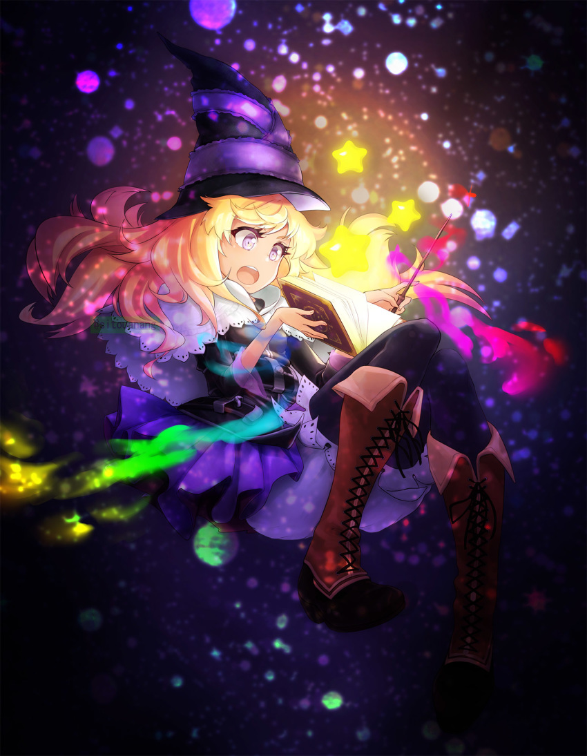 1girl black_dress black_legwear blonde_hair book boots brown_footwear capelet cross-laced_footwear dark_background dress full_body grimgrimoire hat highres knee_boots lillet_blan long_hair magic open_book purple_eyes sitouanang sitting solo star twitter_username wand watermark white_capelet witch wizard_hat