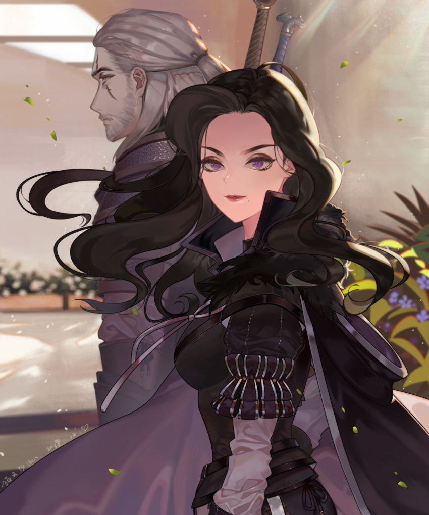 1boy 1girl armor black_cape black_hair blurry blurry_background breasts cape commentary_request floating_hair flower from_side frown fur_trim geralt_of_rivia half_updo highres leaning_forward light_rays long_hair long_sleeves looking_at_viewer looking_away medium_breasts mole mole_under_mouth orange_eyes peach_luo plant planter profile puff_and_slash_sleeves puffy_sleeves purple_eyes red_lips scar scar_across_eye short_over_long_sleeves short_sleeves side-by-side smile swimsuit the_witcher_3 upper_body white_hair wind yennefer