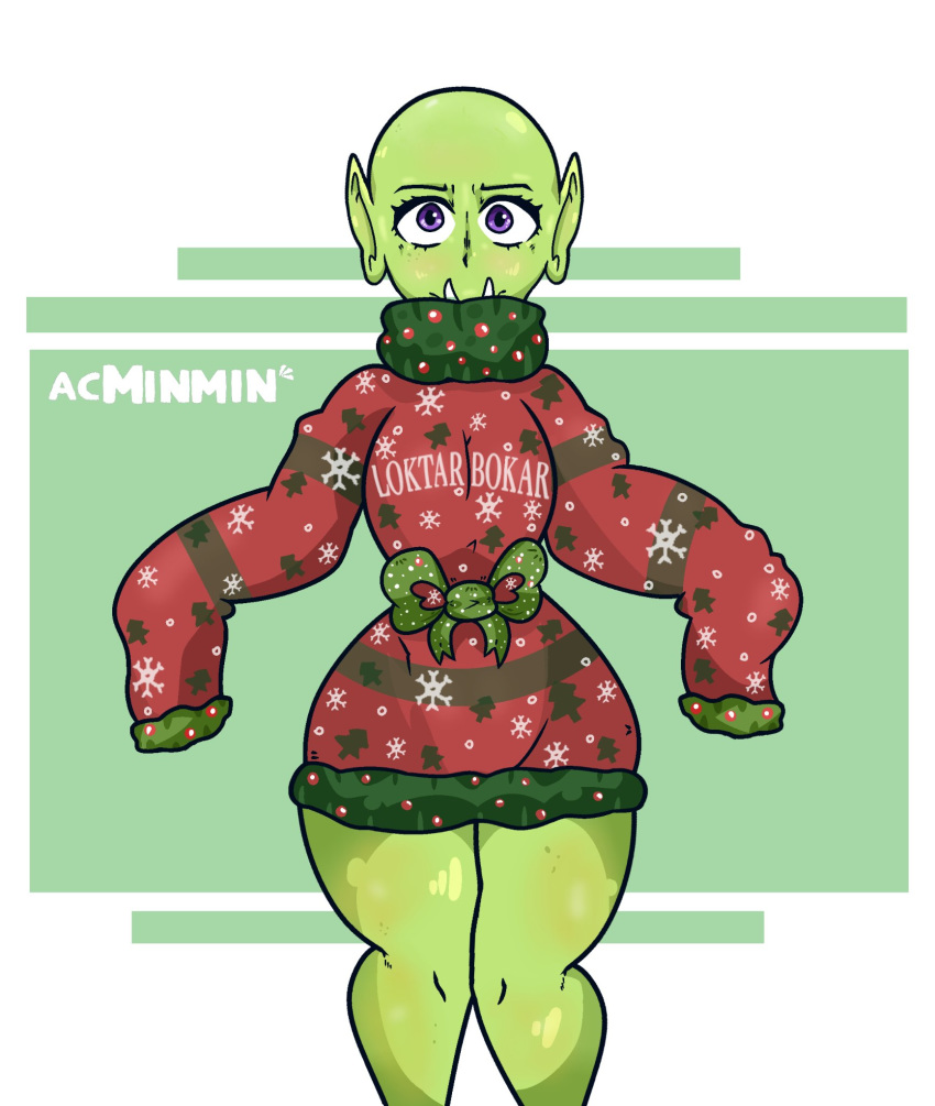 bald blizzard_entertainment censored christmas christmas_sweater christmas_tree female holidays humanoid new_year not_furry orc pear_shape purple_eyes snowflake tree tusks ugly_sweater video_games warcraft winters_veil yule
