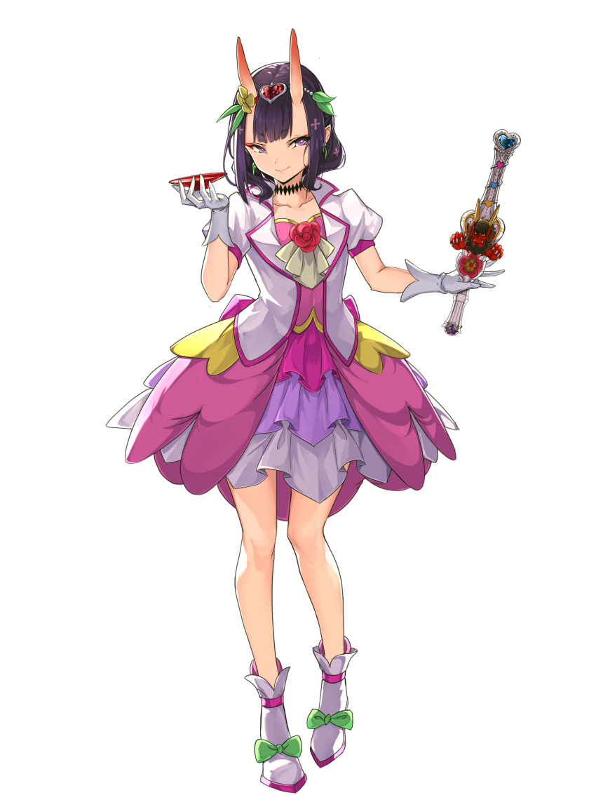 1girl absurdres alba alternate_costume bangs blush breasts choker closed_mouth collarbone cup dress earrings eyeliner fate/grand_order fate_(series) flower full_body gloves headpiece highres horns jewelry looking_at_viewer magical_girl makeup oni oni_horns open_clothes open_shirt pink_dress pointy_ears puffy_short_sleeves puffy_sleeves purple_eyes purple_hair sakazuki scepter shirt short_eyebrows short_hair short_sleeves shuten_douji_(fate/grand_order) simple_background skin-covered_horns small_breasts smile solo white_background white_footwear white_gloves white_shirt