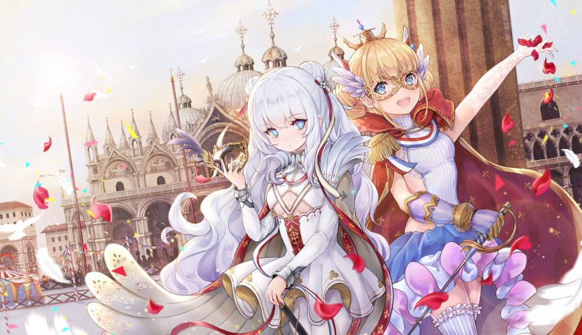 +_+ 2girls azur_lane bangs bird blonde_hair blue_eyes breasts cape carnival carnival_mask cathedral chinese_commentary commentary_request day death-the-cat double_bun dove epaulettes eyebrows_visible_through_hair falling_petals gauntlets highres le_malin_(azur_lane) le_triomphant_(azur_lane) long_hair long_sleeves multiple_girls petals rose_petals short_hair sideboob silver_hair skirt sky small_breasts tutu underboob underboob_cutout venice very_long_hair