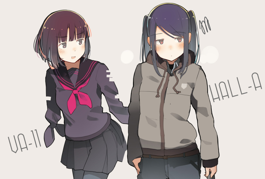 2girls amputee anna_graem blush commentary_request copyright_name eyebrows_visible_through_hair fuu_fuu hood hooded_jacket hoodie jacket jill_stingray multiple_girls purple_eyes purple_hair school_uniform serafuku short_hair twintails va-11_hall-a