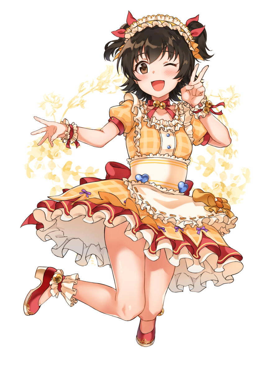 1girl :d akagi_miria ankle_bell ankle_garter ankle_ribbon apron back_bow bell black_hair blush bow brown_eyes dress eyebrows_visible_through_hair frilled_apron frilled_dress frilled_garter frilled_hairband frills full_body hair_ribbon hairband heart highres idolmaster idolmaster_cinderella_girls idolmaster_cinderella_girls_starlight_stage jingle_bell layered_dress loafers lolita_hairband looking_at_viewer neck_bell neck_ribbon one_eye_closed open_mouth puffy_short_sleeves puffy_sleeves red_bow red_ribbon ribbon shoes short_hair short_sleeves simple_background sirurabbit smile solo two_side_up v wrist_cuffs wrist_ribbon