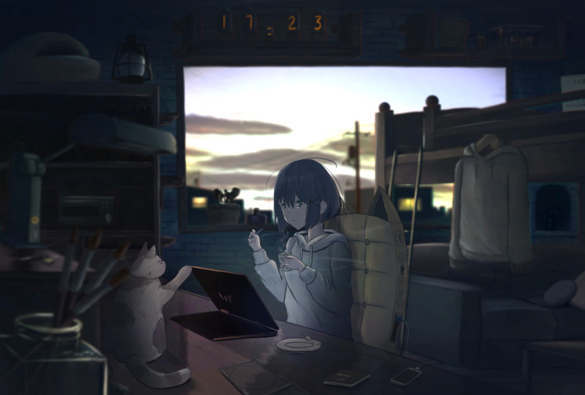 1girl bed black_hair blurry_foreground caede cat cd_case cellphone chair clock cloud computer couch cup highres hood hood_down indoors ladder lamp lantern laptop mug original paintbrush phone plant plate potted_plant power_lines scenery shelf sitting solo spoon steam stylus twilight white_hoodie window