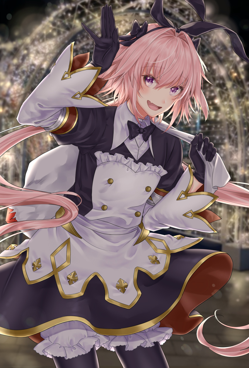 1boy astolfo_(fate) astolfo_(saber)_(fate) azaka_(rionrita) bangs black_bow black_gloves black_ribbon blush bow bowtie commentary_request fang fate_(series) gloves hair_bow hair_intakes hair_ribbon highres long_hair long_sleeves looking_at_viewer multicolored_hair otoko_no_ko pink_hair purple_eyes ribbon skin_fang smile solo streaked_hair twintails white_hair