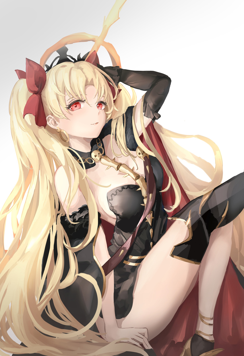 1girl arm_support asymmetrical_legwear bangs between_breasts black_cape black_legwear blonde_hair breasts cape closed_mouth commentary earrings ereshkigal_(fate/grand_order) fate/grand_order fate_(series) gradient gradient_background hair_intakes highres hoop_earrings infinity jewelry lielac lips long_hair multicolored multicolored_cape multicolored_clothes necklace parted_bangs red_cape red_eyes single_thighhigh skull solo spine thighhighs thighs two_side_up very_long_hair