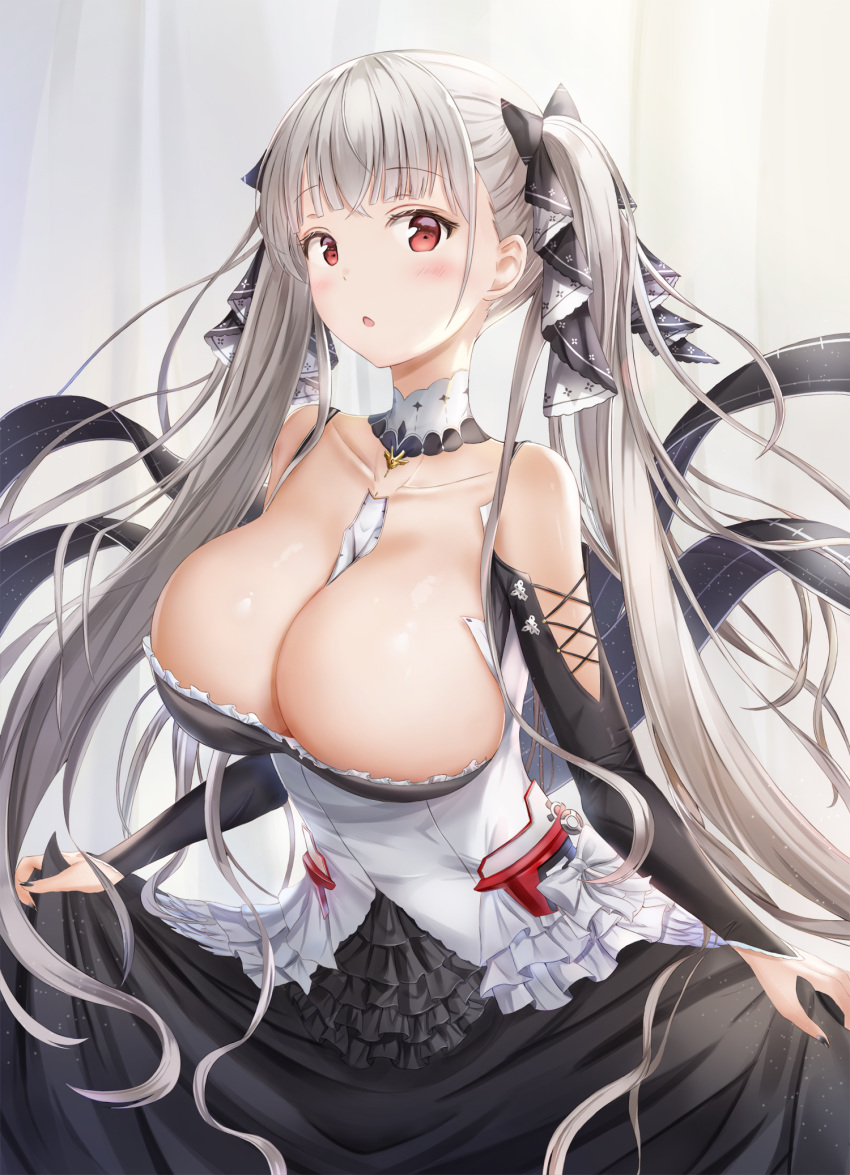 1girl :o azur_lane bare_shoulders between_breasts black_dress blush bow breasts cleavage collarbone detached_collar dress flight_deck formidable_(azur_lane) frilled_dress frills hair_bow highres kitin large_breasts long_hair long_sleeves looking_at_viewer parted_lips red_eyes revision silver_hair solo very_long_hair