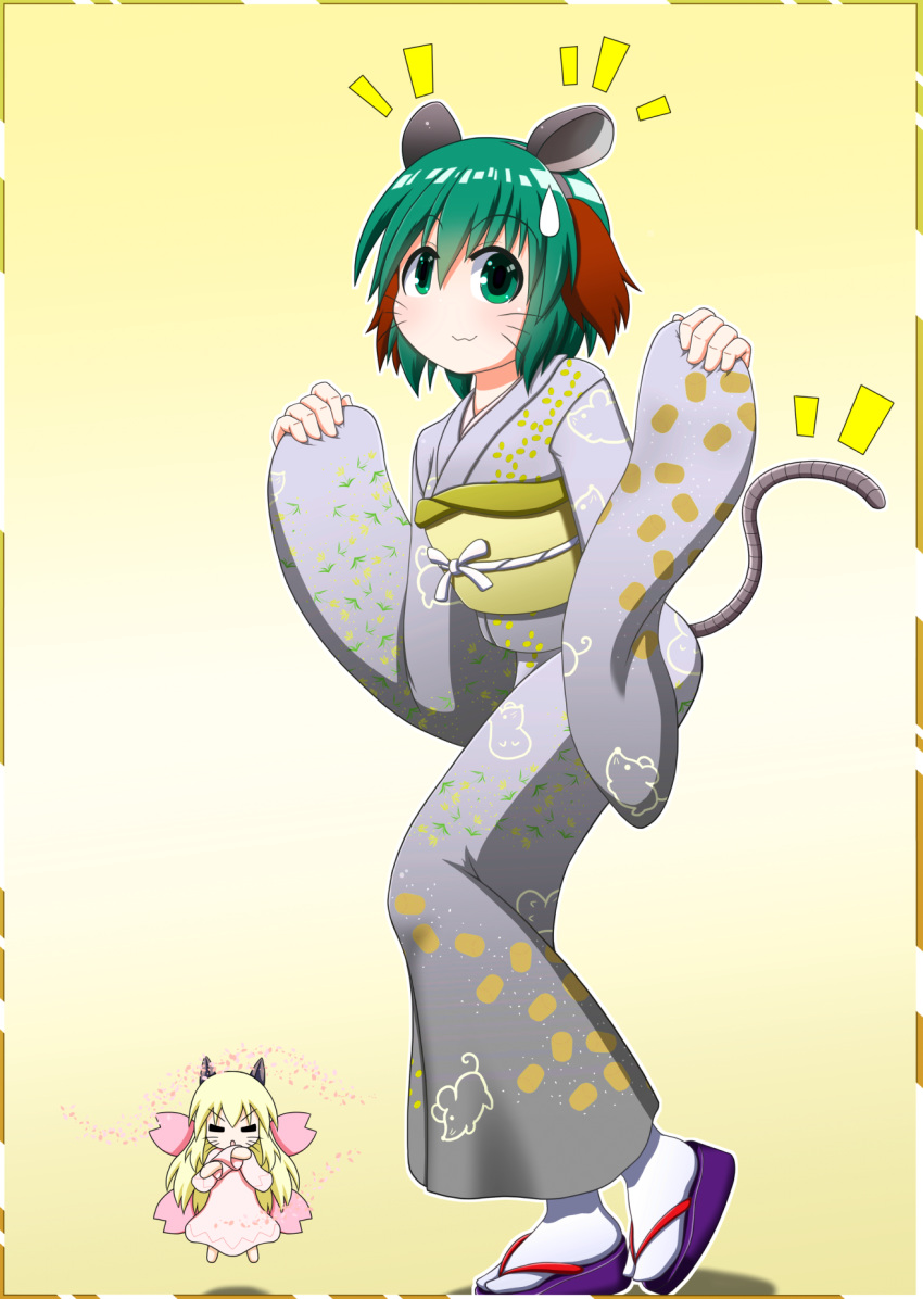 2girls :3 =_= alternate_costume animal_ears arms_up border chibi chinese_zodiac commentary_request crossed_arms dress eyebrows_visible_through_hair fairy_wings fake_animal_ears floating floral_print gradient gradient_background green_eyes green_hair grey_kimono hair_between_eyes headband highres japanese_clothes kasodani_kyouko kimono leaning_forward leg_lift light_blush lily_white looking_at_viewer mouse_ears mouse_print multiple_girls new_year notice_lines obi petals pink_dress print_kimono rakugaki-biyori sash short_hair sleeves_past_wrists standing standing_on_one_leg striped_border sweatdrop tabi touhou whiskers white_legwear wings year_of_the_rat yellow_background yellow_border zouri