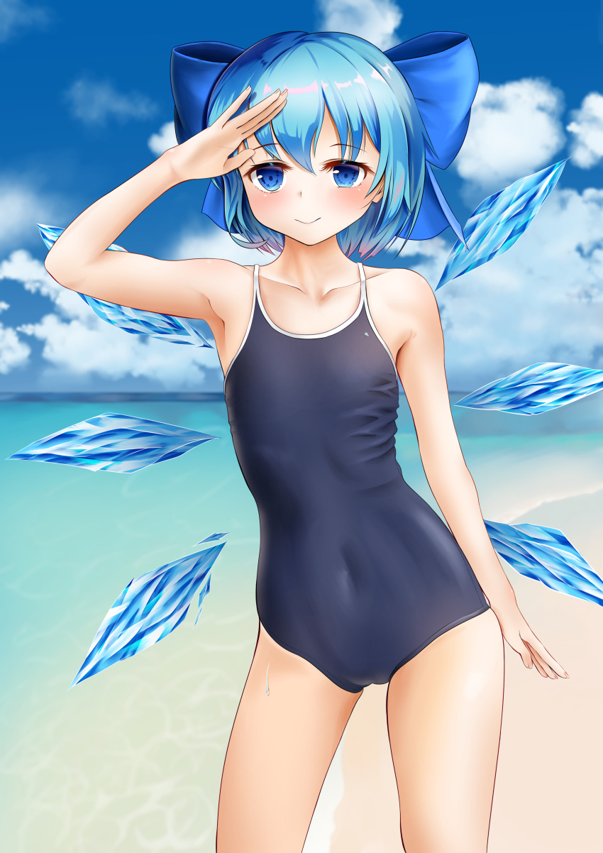 1girl absurdres arm_up armpits bangs bare_arms bare_shoulders beach blue_bow blue_eyes blue_hair blue_sky blue_swimsuit blush bow cirno cloud collarbone commentary covered_navel cowboy_shot day eyebrows_visible_through_hair hair_bow highres ice ice_wings looking_at_viewer ocean one-piece_swimsuit otokonoko outdoors short_hair sky smile solo standing swimsuit thighs touhou water wings