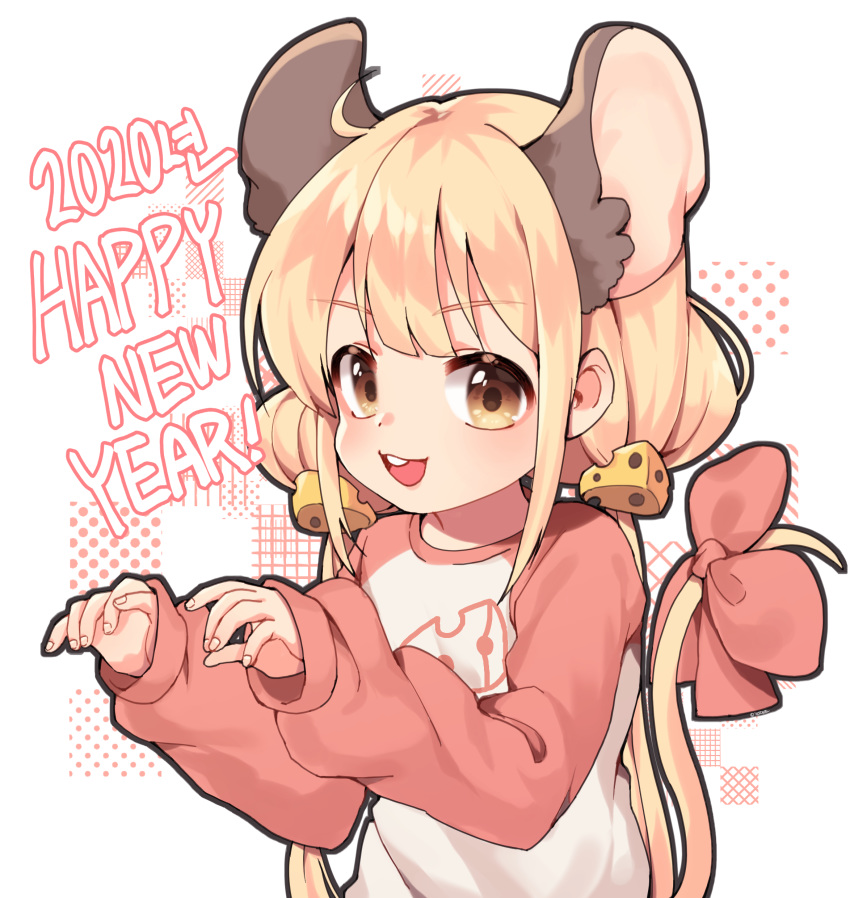 1girl 2020 absurdres animal_ears blonde_hair brown_eyes cheese_hair_ornament commentary eyebrows_visible_through_hair futaba_anzu hair_ornament happy_new_year highres idolmaster idolmaster_cinderella_girls long_hair long_sleeves looking_at_viewer low_twintails mouse_ears mouse_tail new_year open_mouth pink_ribbon ribbon solo taemin tail tail_ribbon twintails upper_body upper_teeth