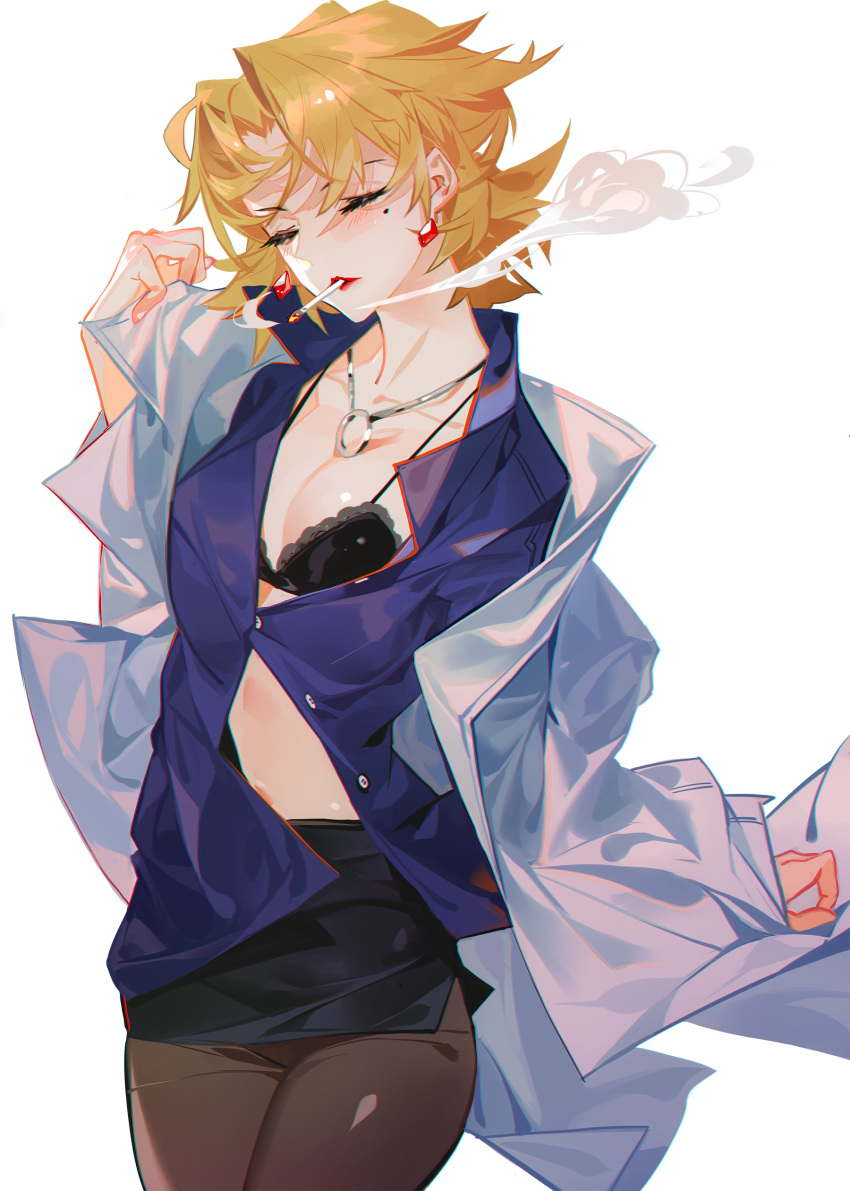 1girl absurdres akagi_ritsuko arm_up bangs blonde_hair blush bra breasts cigarette cleavage closed_eyes closed_mouth collarbone collared_shirt ear_piercing earrings facing_viewer grandialee hair_between_eyes highres jewelry lipstick makeup miniskirt necklace neon_genesis_evangelion pantyhose piercing shirt short_hair simple_background skirt small_breasts smoking solo standing underwear upper_body white_background