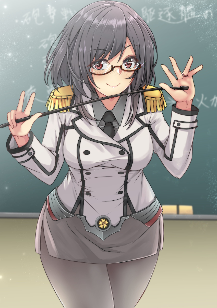 1girl absurdres black_hair black_legwear black_neckwear blurry chalkboard classroom_eraser collared_shirt commentary_request cosplay cowboy_shot crest depth_of_field double-breasted epaulettes glasses gloves grey_skirt highres jacket kantai_collection katori_(kantai_collection) katori_(kantai_collection)_(cosplay) leaning_forward looking_at_viewer military military_uniform miniskirt necktie pantyhose pencil_skirt red-framed_eyewear red_eyes riding_crop shirt shohei_(piranha5hk) short_hair skirt smile solo uniform white_gloves yamashiro_(kantai_collection)