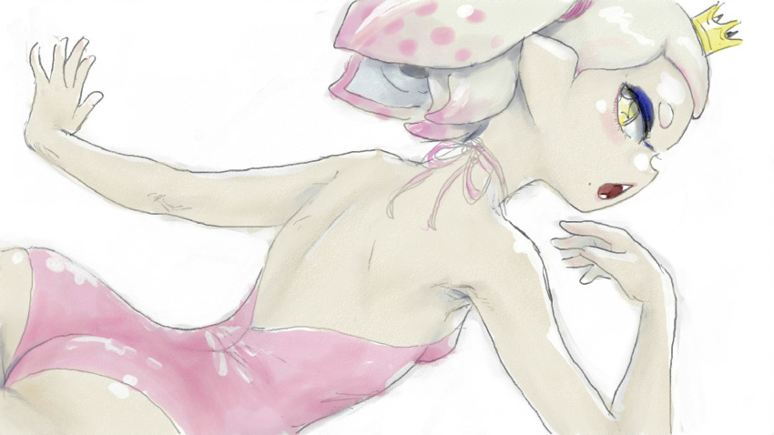 +_+ 1girl ass back blush crown domino_mask eyeshadow fangs highres hime_(splatoon) koharu2.5 looking_at_viewer looking_back makeup mask mole mole_under_mouth multicolored_hair pink_swimsuit pointy_ears solo splatoon_(series) splatoon_2 suction_cups swimsuit tentacle_hair