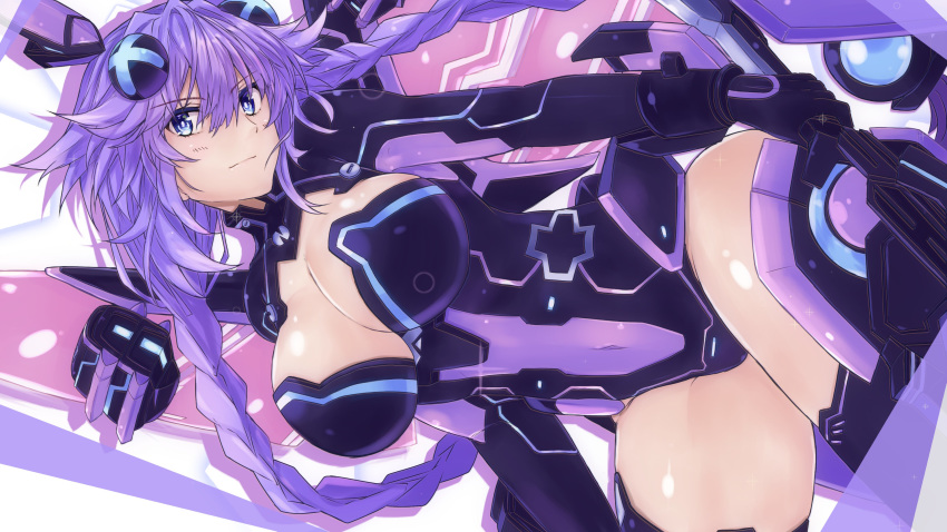 1girl absurdres blue_eyes braid breasts cleavage cleavage_cutout covered_navel hair_between_eyes hair_ornament highres large_breasts leotard long_hair looking_at_viewer neptune_(series) power_symbol purple_hair purple_heart serious shishin_(shishintei) skin_tight solo symbol-shaped_pupils thighhighs twin_braids twintails very_long_hair wings