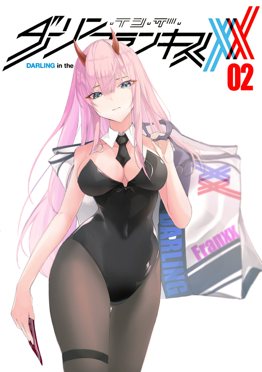 1girl animal_ears bag black_leotard black_neckwear bow bowtie breasts bunny_ears bunny_girl bunny_tail bunnysuit card copyright_name cowboy_shot darling_in_the_franxx detached_collar green_eyes highres kooemong leotard logo long_hair looking_at_viewer medium_breasts necktie oni_horns pantyhose pink_hair red_horns shopping_bag simple_background solo strapless strapless_leotard tail thighband_pantyhose white_background zero_two_(darling_in_the_franxx)