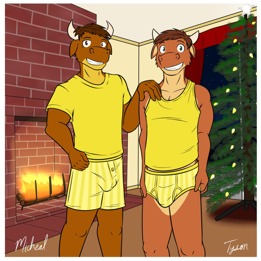 anthro bovid bovine boxers_(clothing) briefs bulge cattle christmas clothed clothing duo father father_and_child father_and_son fuze holidays horn male mammal parent parent_and_child shirt son t-shirt tank_top texnatsu topwear ty_conrad underwear