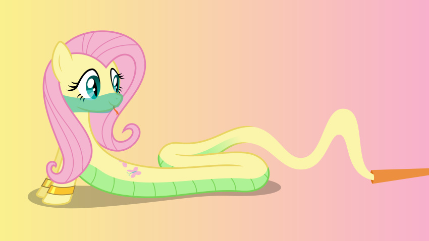 16:9 2018 absurd_res alternate_species armband digital_media_(artwork) equid equine female feral fluttershy_(mlp) forked_tongue friendship_is_magic genie gold_(metal) gradient_background grey_eyes hair hi_res lamia looking_back mammal my_little_pony parclytaxel pink_hair reptile scalie serpentine simple_background slit_pupils snake solo split_form superabsurd_res tongue tongue_out veil yellow_body