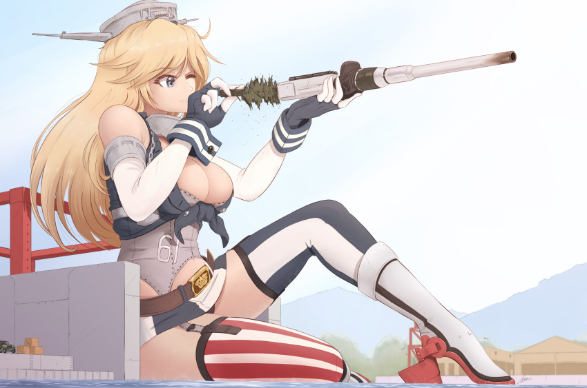 1girl belt belt_buckle bird blonde_hair blue_eyes blue_legwear box breasts buckle cleaning_gun closed_mouth day dock elbow_gloves giantess gloves ground_vehicle hat highres iowa_(kantai_collection) jeep kantai_collection large_breasts long_hair md5_mismatch midriff mismatched_legwear motor_vehicle one_eye_closed outdoors red_legwear rudder_footwear seagull sitting skirt solo striped striped_legwear striped_skirt tree yohomeboyraps