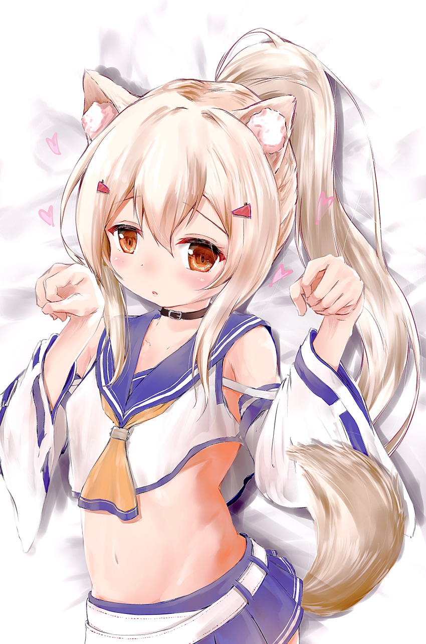 1girl :o absurdres animal_ear_fluff animal_ears ayanami_(azur_lane) azur_lane bangs belt blonde_hair blue_sailor_collar blue_skirt blush brown_eyes collarbone commentary_request crop_top detached_sleeves dog_ears dog_girl dog_tail eyebrows_visible_through_hair hair_between_eyes hair_ornament hairclip heart high_ponytail highres kemonomimi_mode long_hair long_sleeves maru_shion midriff parted_lips paw_pose pleated_skirt ponytail retrofit_(azur_lane) revision sailor_collar shirt sidelocks skirt solo tail very_long_hair white_belt white_shirt white_sleeves wide_sleeves yellow_neckwear