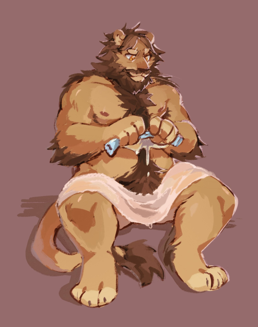 2019 anthro asnkemono asnnonaka beard belly biceps facial_hair felid humanoid_hands lion male mammal moobs muscular muscular_male nipples pantherine pecs pubes simple_background sitting slightly_chubby solo towel