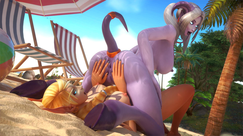 2019 3d_(artwork) anus beach blizzard_entertainment blood_elf breasts butt digital_media_(artwork) draenei duo elf female female/female glowing glowing_eyes hand_on_butt horn humanoid humanoid_on_humanoid looking_back nipples not_furry open_mouth presenting presenting_hindquarters pussy raised_tail seaside spread_butt spreading tektah video_games warcraft