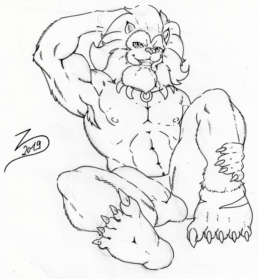 beard bulge clothed clothing digimon digimon_(species) erection erection_under_clothing facial_hair leomon looking_at_viewer male mane nipples penis_outline solo topless zodim87
