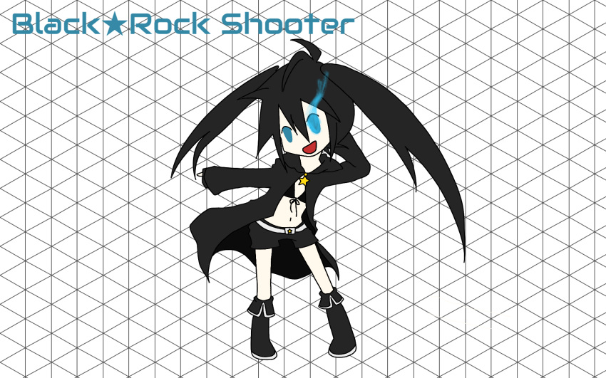 1girl arm_up asymmetrical_hair black_bikini_top black_clothes black_footwear black_hair black_jacket black_rock_shooter black_rock_shooter_(character) black_shorts blue_eyes burning_eye full_body gt_39 hair_between_eyes highres jacket long_hair open_clothes open_jacket open_mouth shorts twintails very_long_hair