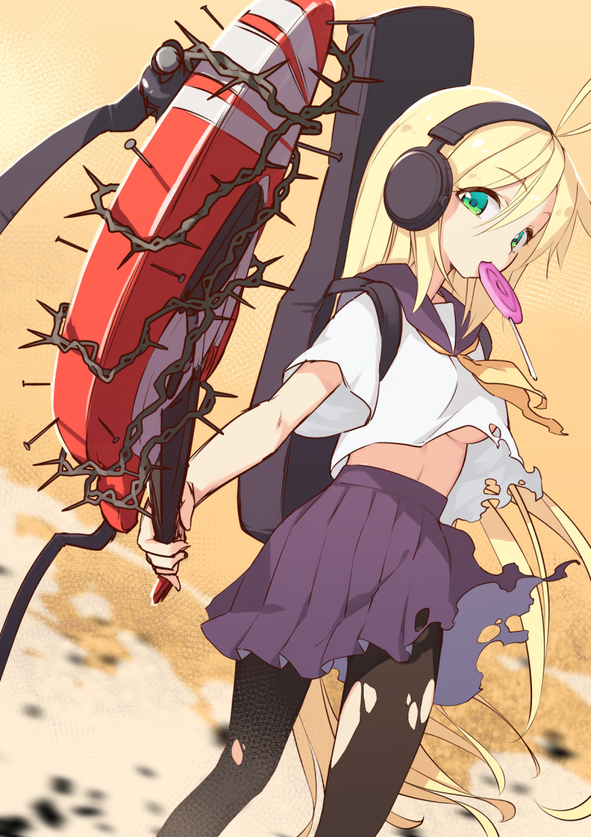 1girl antenna_hair barbed_wire black_legwear blonde_hair breasts candy eyebrows_visible_through_hair food green_eyes guitar guitar_case hair_between_eyes headphones highres instrument instrument_case lollipop long_hair looking_at_viewer medium_breasts mouth_hold nail no_bra pantyhose pleated_skirt purple_sailor_collar purple_skirt sailor_collar shirt skirt smoke solo torn_clothes torn_legwear torn_shirt torn_skirt tsurumaki_maki underboob very_long_hair voiceroid wind yamadori_enka yellow_background