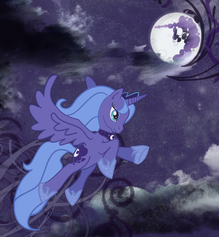 blue_body blue_feathers blue_hair crown cutie_mark equid feathered_wings feathers female feral friendship_is_magic hair horn mammal mare_in_the_moon moon my_little_pony princess_luna_(mlp) smashingsaturnine solo star winged_unicorn wings