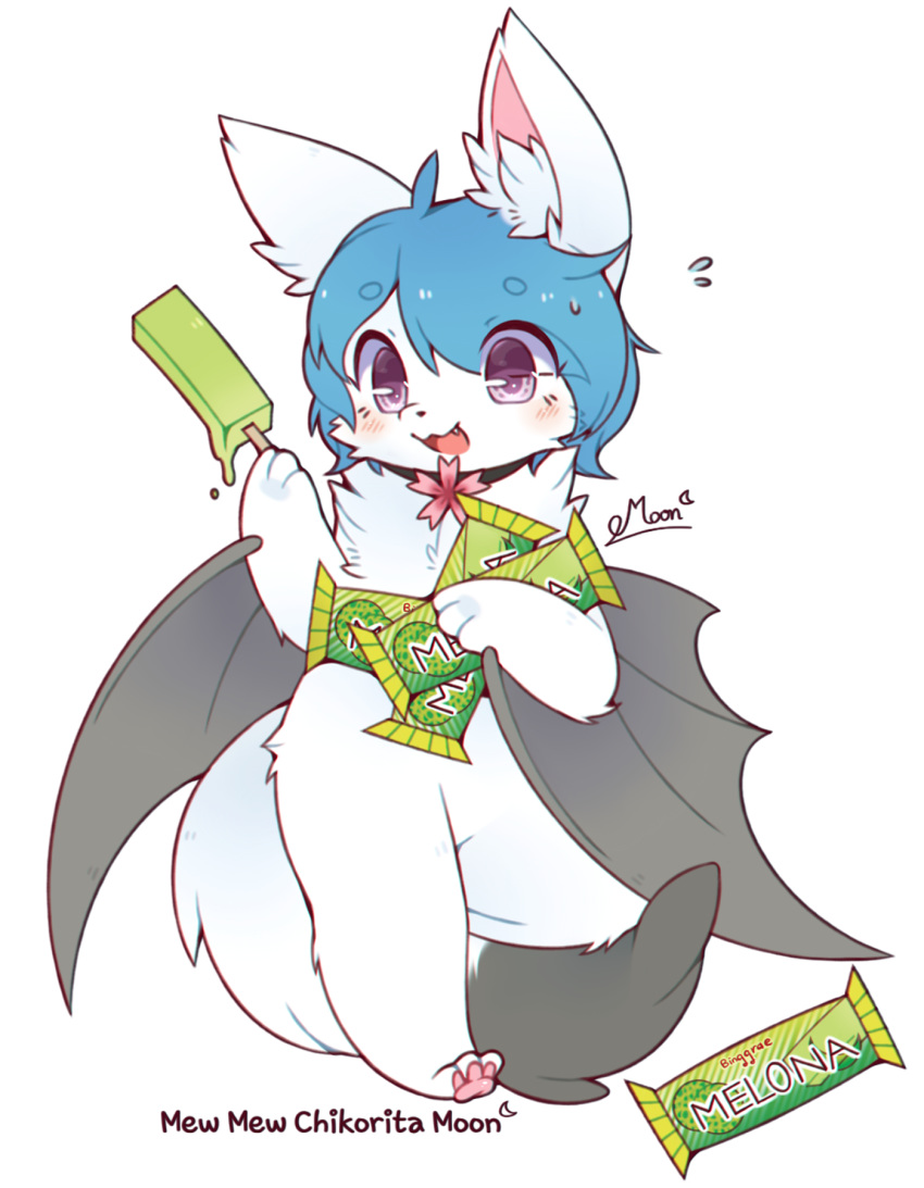 2019 alpha_channel anthro arctic_fox blue_hair blush canid canine chikorita_moon chiropteran eating english_text food fox fur hair hi_res hybrid jewelry kemono mammal necklace nude open_mouth outline pawpads popsicle purple_eyes simple_background smile solo text transparent_background white_background white_body white_fur