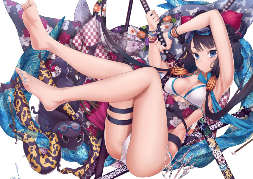 1girl absurdres animal arms_up bangs bare_legs barefoot bikini black_hair blue_eyes blue_nails breasts checkered closed_mouth eyebrows_visible_through_hair fate/grand_order fate_(series) feet fingernails floral_print hair_ornament highres holding holding_sword holding_weapon katana katsushika_hokusai_(fate/grand_order) katsushika_hokusai_(swimsuit_saber)_(fate) legs_up long_hair low_twintails medium_breasts nail_polish octopus sheath sheathed simple_background swimsuit sword tentacles thigh_strap tokitarou_(fate/grand_order) twintails very_long_hair weapon white_background white_bikini xo_(xo17800108)