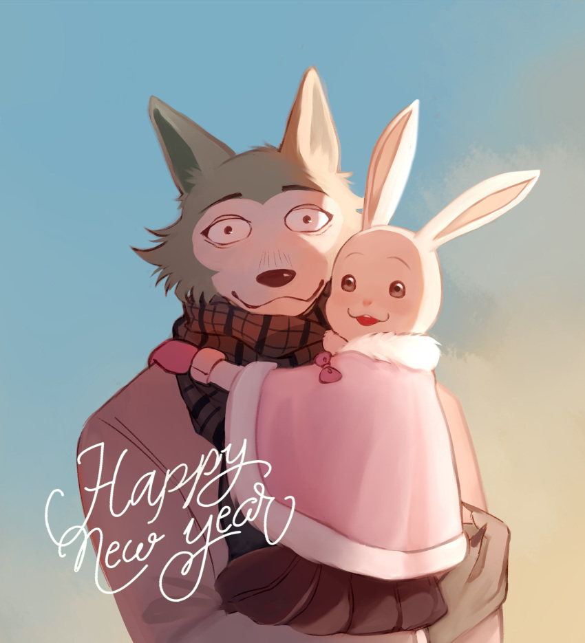 2020 anthro baggy_eyes beastars black_eyes black_nose blue_body blue_fur bottomwear bow canid canine canis claws cloak clothed clothing couple_(disambiguation) duo embrace eyebrows fur handwear happy haru_(beastars) holidays jacket lagomorph legoshi_(beastars) leporid looking_at_viewer looking_back mammal mittens new_year open_mouth rabbit raised_eyebrows ropang scarf size_difference skirt sky smile topwear white_body white_fur wolf