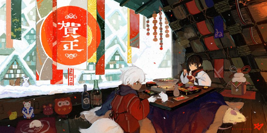 animal building drink food japanese_clothes kitsune_(kazenouta) kotatsu male original sake snow