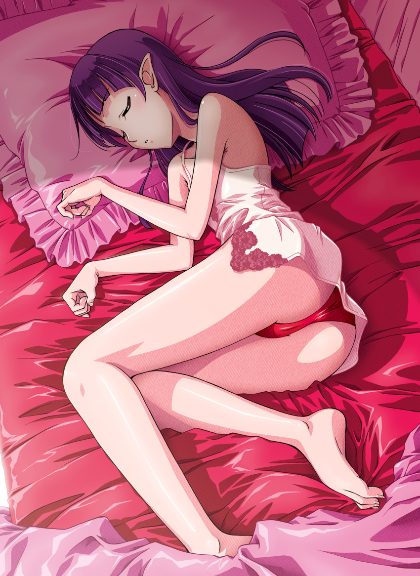 1girl ass bangs barefoot bed bed_sheet boo_(takagi) cat_girl closed_eyes eyebrows_visible_through_hair full_body gegege_no_kitarou graphite_(medium) hair_down highres legs long_hair lying nekomusume nekomusume_(gegege_no_kitarou_6) nightgown on_bed on_side panties parted_lips paw_pose pillow pointy_ears purple_hair red_panties sleeping solo thighs traditional_media underwear