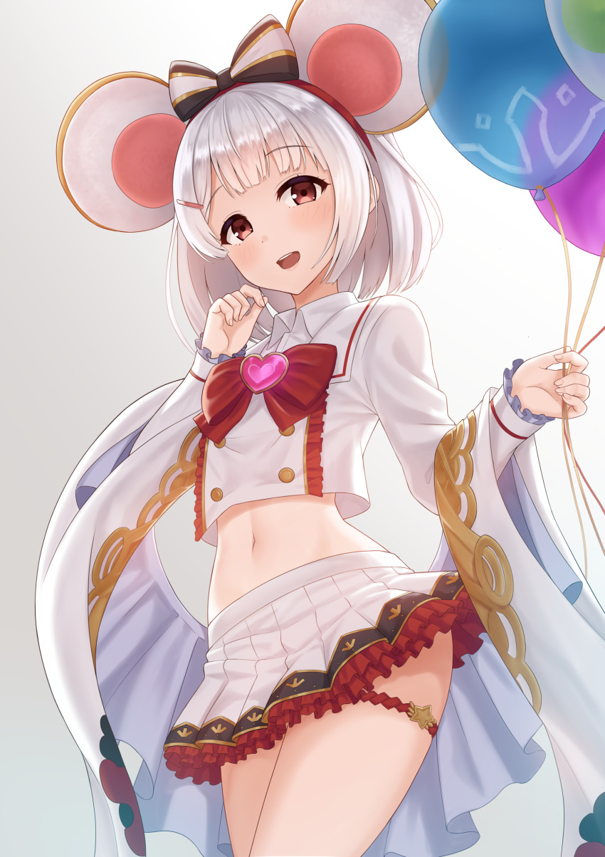 1girl absurdres animal_ears balloon bow bowtie collared_shirt commentary cowboy_shot crop_top crop_top_overhang flat_chest granblue_fantasy hair_ornament hairband hairclip hand_up heart highres holding kurisu-kun long_sleeves looking_at_viewer midriff miniskirt navel open_mouth pleated_skirt rat_ears red_eyes shirt short_hair silver_hair skirt smile solo thighs vikala_(granblue_fantasy) white_shirt white_skirt wide_sleeves