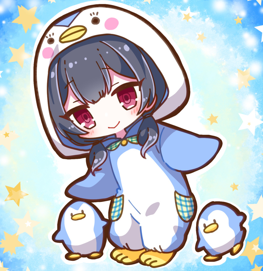 1girl animal animal_costume animal_hood bangs bird black_hair blush chibi closed_mouth commentary_request copyright_request eyebrows_visible_through_hair full_body highres hood hood_up jako_(jakoo21) long_hair low_twintails penguin penguin_costume penguin_hood plaid red_eyes smile solo standing star twintails