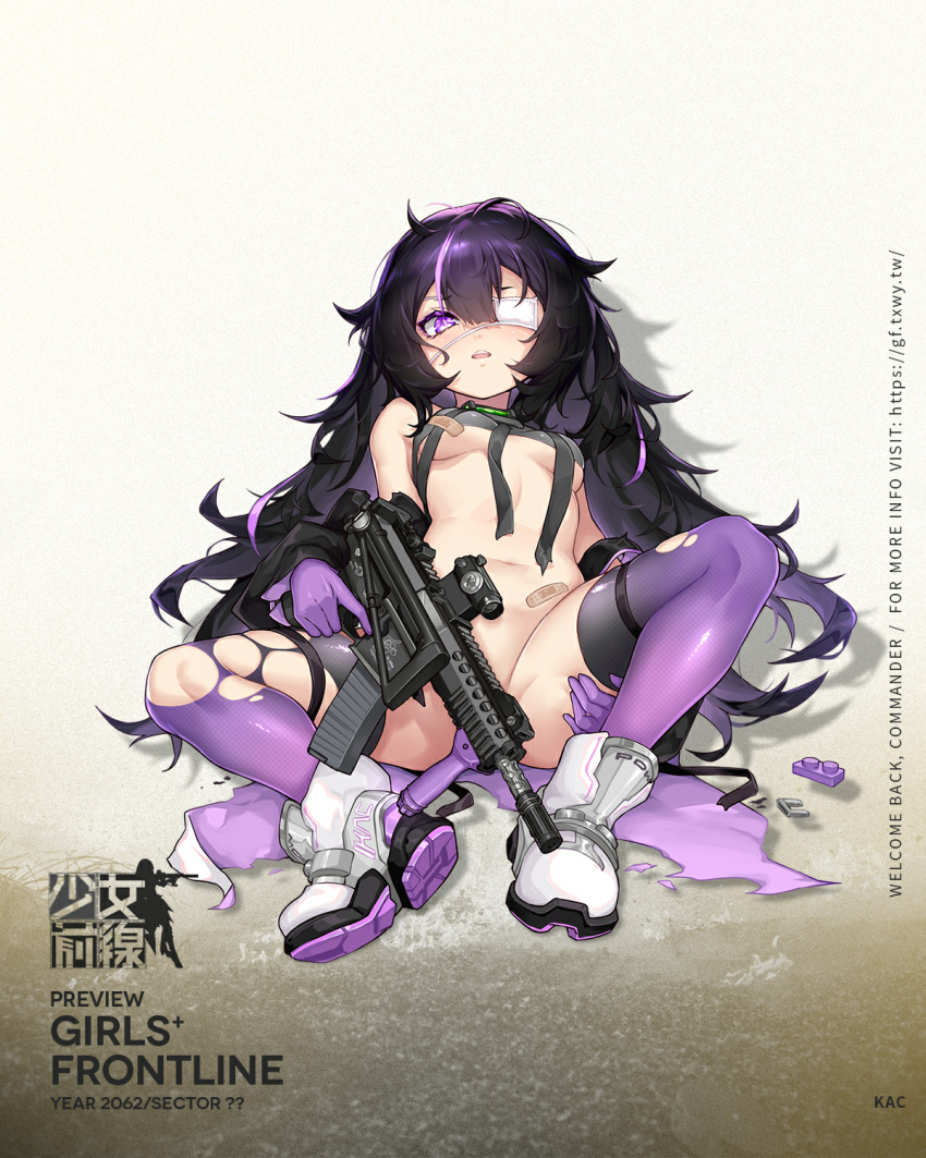 bandages black_hair boots breasts eyepatch girls_frontline gun highres kac-pdw no_panties purple_eyes purple_hair small_breasts submachine_gun torn_clothes torn_legwear weapon